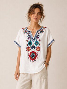 THML Embroidered White Tunic Top Boho Coastal Floral